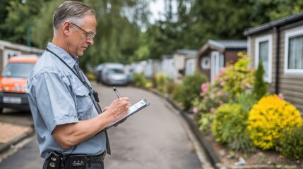 Medium shot of a park manager inspecting mobile home exteriors with focused attention blurred background showing community landscaping and parked cars.