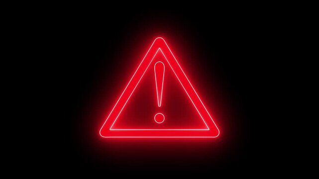 Glowing neon red triangle with exclamation mark animation icon on black background. warning, risk, alert, safety, danger signal sign