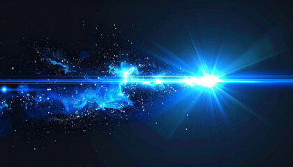 Abstract image of a glowing blue light beam with motion blur and scattered particles on a dark background, creating a dynamic futuristic and energetic visual effect.