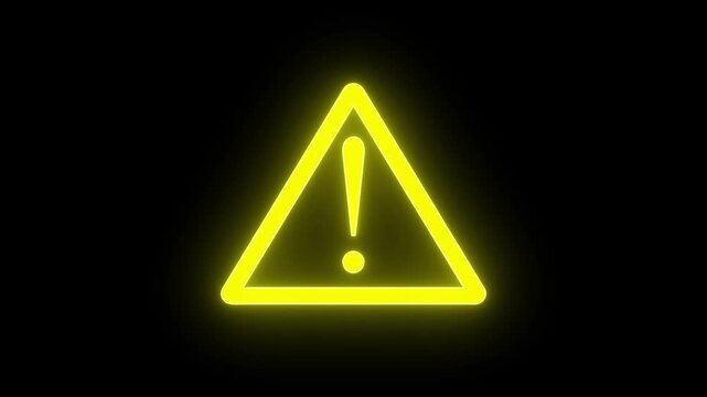 Glowing neon yellow warning sign animation on black background.