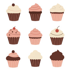 A colorful flat 2D vector illustration of a set of charming cupcakes with various frostings and sprinkles, displayed in a minimal flat design style on a clean white background.