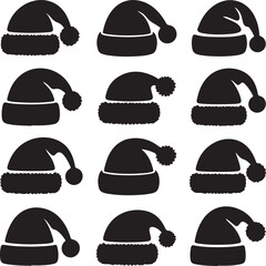 Santa Claus hat silhouette set. Christmas icon hats. Monochrome vector illustration 