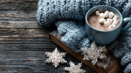 Naklejka premium Delicious hot cocoa with marshmallows and red-and-white straw next to knitted plaid on gray background - warm and cozy photo for seasonal advertising, coffee shop menus, social media, greeting cards,