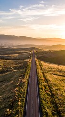 Highway through golden hills at sunset