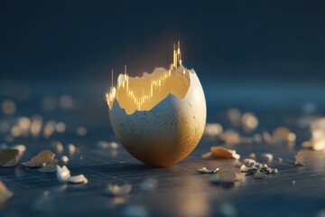 Cracked egg shell on dark surface, emitting glowing digital chart with upward trend from inside. Eggshell fragments scattered around, creating a futuristic and innovative atmosphere