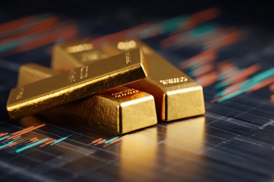 Four gold bars stacked on a digital financial chart displaying rising and falling multicolored lines, suggesting analysis of gold market trends, investment, and economic data - Powered by Adobe