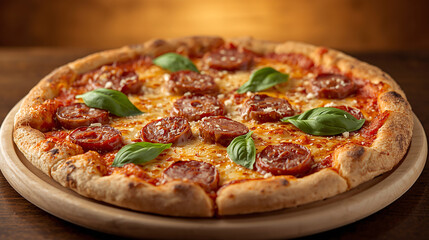 Delicious pepperoni pizza slice with melted mozzarella and basil