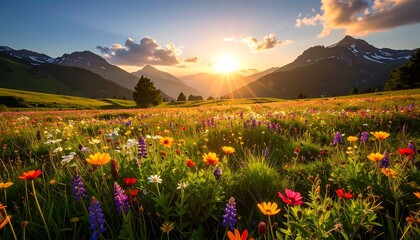 Meadow of wildflowers basked in the setting sun