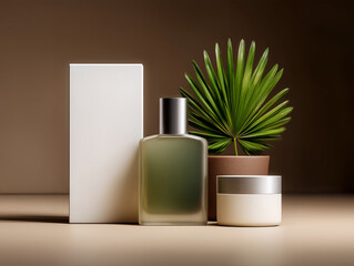 Organic Cometics Mockup, Cosmetic bottle with cream jar and tropical leaf on beige background