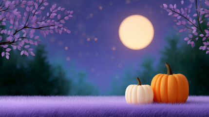 Halloween night scene with full moon pumpkins and purple leaves