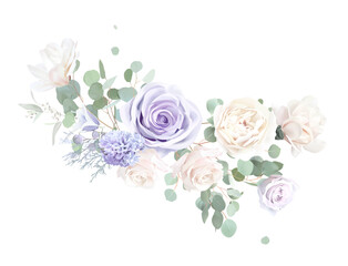 Classic purple rose, white ranunculus, beige magnolia, eucalyptus, sage greenery vector design wedding spring bouquet. Horizontal banner. Floral summer watercolor. Elements are isolated and editable