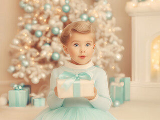 Surprised Christmas girl holding turquoise ribbon gift box