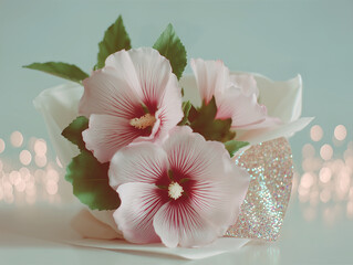 Pink hibiscus flowers bouquet with sparkling background