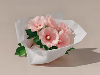 Pink hibiscus bouquet with green leaves on beige background