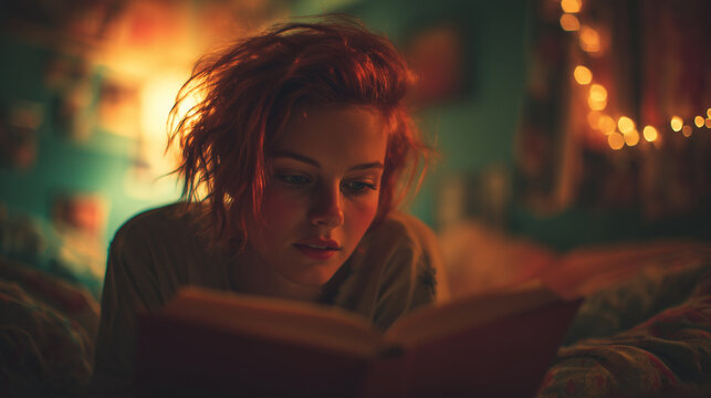 Red-haired woman reading a book at night by candlelight — cozy cinematic scene symbolizing imagination, fantasy, and relaxation