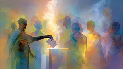 A voter casts a ballot into a box amidst a crowd, rendered in a colorful, geometric style