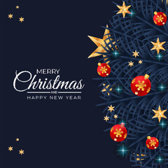 merry Christmas golden ball and red ball background Realistic design