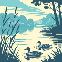 Vector art of ducks swimming in the lake