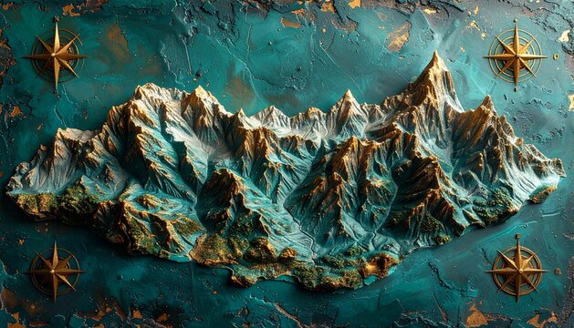 Detailed Relief Map of Mountainous Island with Compass Rose Decorations.