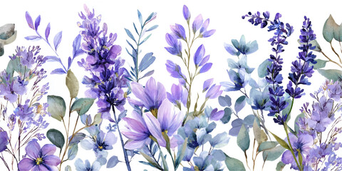 A delicate watercolor painting of lavender flowers and green foliage creating a beautiful floral border isolated on white background