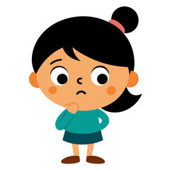 Pensive cartoon girl pondering a problem with hand on chin illustration art cute isolated