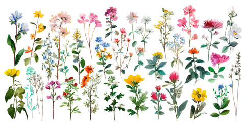 A vibrant collection of delicate wildflowers and botanical illustrations, featuring a variety of colors and shapes, isolated on a transparent background.