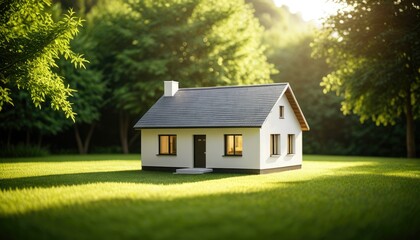 Obraz premium Charming tiny house in a sunny green meadow, surrounded by lush trees. Bright light, peace