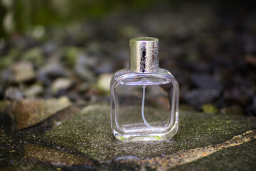A minimalist glass perfume bottle with a silver cap stands on a textured outdoor stone surface, suggesting natural elegance or an organic scent