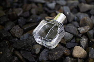 A minimalist glass perfume bottle with a silver cap stands on a textured outdoor stone surface, suggesting natural elegance or an organic scent