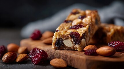 A close up of a healthy granola bar packed with nuts and dried cranberries on a wooden board