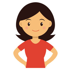 Cartoon woman with dark hair and red shirt looking forward with confident expression illustration