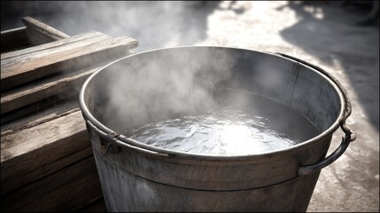 Fototapeta premium Boiling water fills a metal bucket as steam escapes into the air in a rustic outdoor environment