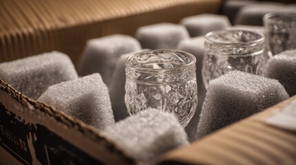 Medium shot of fragile glassware secured in custom foam inserts highlighting precise protective packaging with a blurred background to emphasize delicate handling.