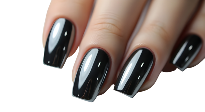 Glossy black manicure on female hand close-up isolated on white background for beauty concepts
