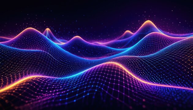 Abstract digital waves glowing vibrant blue, purple, and orange in a grid