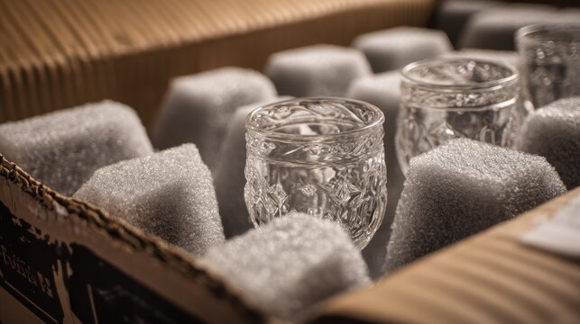 Medium shot of fragile glassware secured in custom foam inserts highlighting precise protective packaging with a blurred background to emphasize delicate handling.