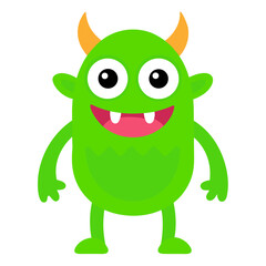 Cheerful green monster cartoon character with horns smiling on white background illustration graphic element