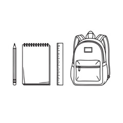 A collection of school supplies including a pencil, notepad, ruler, and backpack.