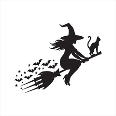 Witch flying on broom with a cat silhouette vector illustration. 