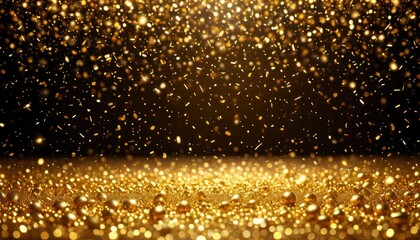 Obraz premium Golden confetti shower, shiny glitter sparkles falling. Festive, luxurious backdrop