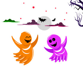 Spooky Specters Halloween Night Scene with Festive Ghosts, Moon, and Stars for a Fun Holiday Celebration