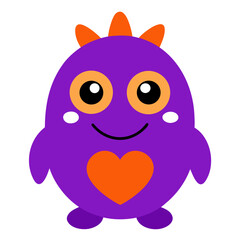 Cute purple monster character design with orange heart and bright eyes vector illustration isolated