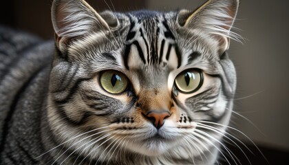 Close-up of a tabby cat with striking green eyes and detailed fur patterns
