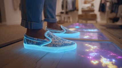 Person viewing an augmented reality screen displaying casual slipon shoes on their feet with the footwear in vivid focus and the rest gently blurred