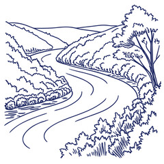 Vector art of winding river landscape drawing