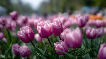 Fototapeta premium Close up of blooming pink and purple tulips in a garden field with soft spring light