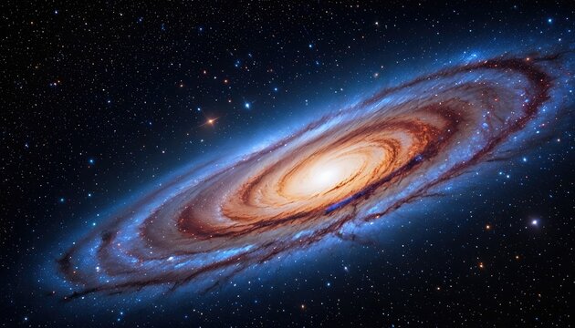 Spiral galaxy swirls through vast, dark space. Bright center glows
