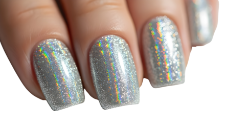Silver holographic glitter manicure close-up on woman's nails isolated on white background