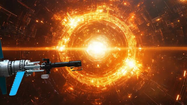 Futuristic swirling cosmic vortex of orange golden light forming galactic sci-fi portal radiating abstract luminous energy in deep universe representing fantasy creativity imagination infinity mystery