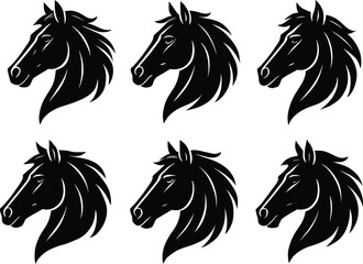 Vector cartoon illustration of running wild horses silhouette set on black background